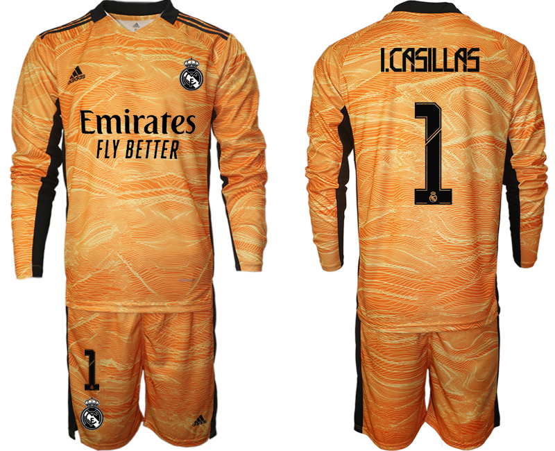 Men 2021-2022 Club Real Madrid orange yellow Long Sleeve goalkeeper #1 Soccer Jerseys